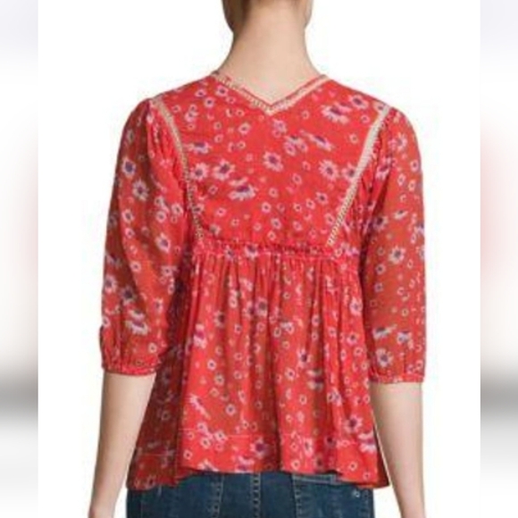 Free People Never A Dull Moment Blouse Red Floral Hi Low Hem Lace Cotton Sm NWT - Picture 9 of 16